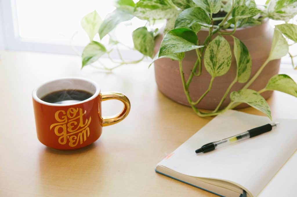 Wooden table set with a green plant in a pink pot, an open journal with a black pen resting on an open page. an orange coffee mug with the saying Go Get Em on the front filled with black coffee.