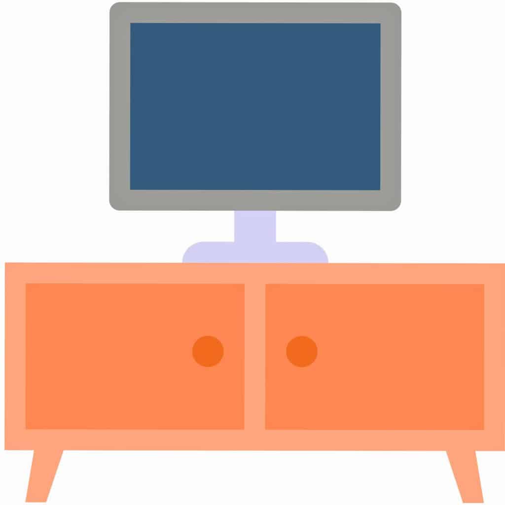 Picture of a television sitting on a small rectangular TV Stand with two cabinet doors.