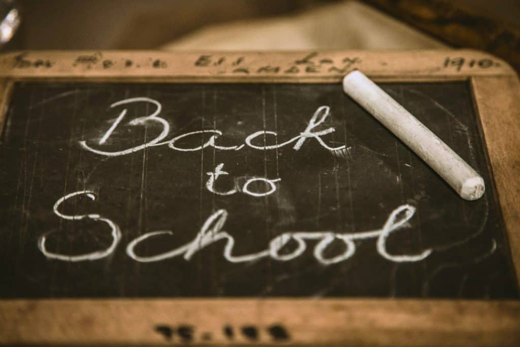 Old school chalk tablet with the words Back to School written in cursive and a white piece of chalk resting on the tablet.