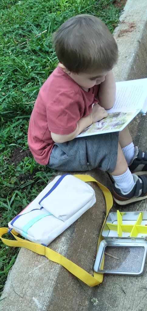 Little boy in a red shirt, grey pant, and grey sneakers looking intently at a book while sitting on a curb outside.